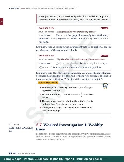 A worked investigation, with the solution in three columns and every mark explained