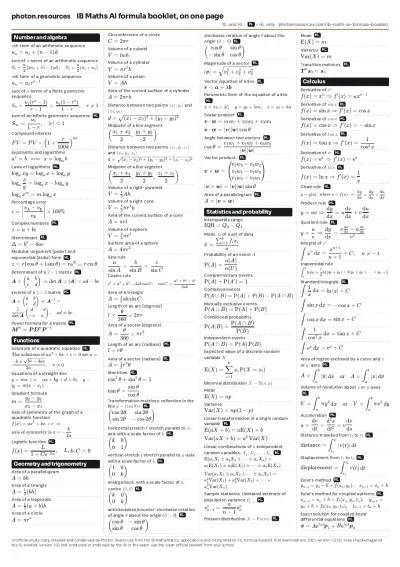 Preview: IB Maths AI formula booklet on one page