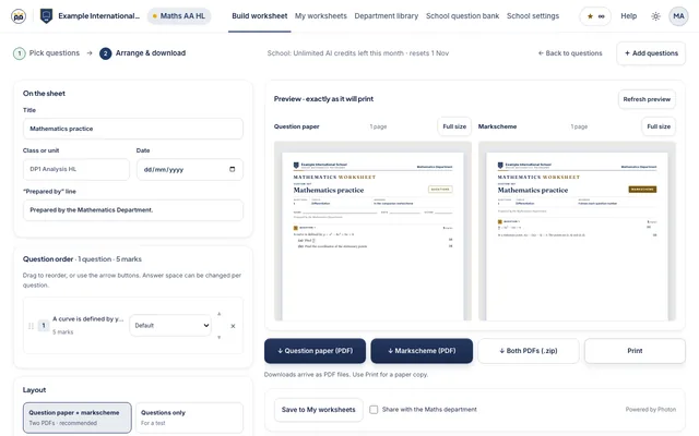 The Arrange screen: question order, answer space and cover page options beside a live paper preview