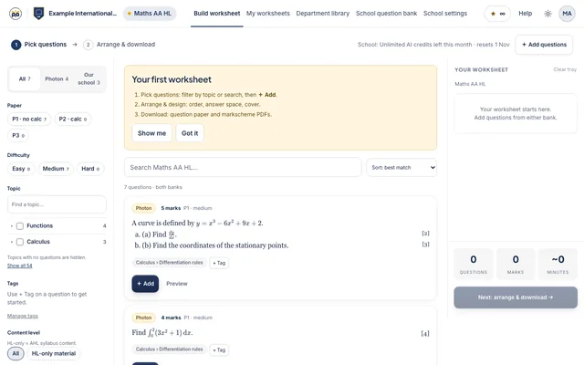The Build screen: filters for paper, difficulty and topic above a list of IB-style questions