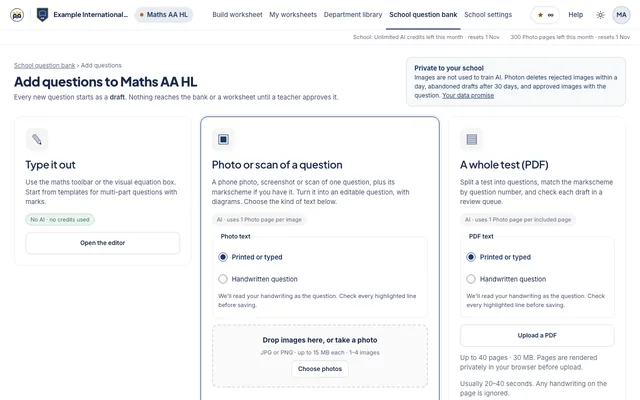 The Import screen: upload a photo or PDF and review the editable text
