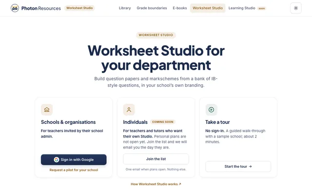 The Worksheet Studio sign-in page, shown with a fictional example school